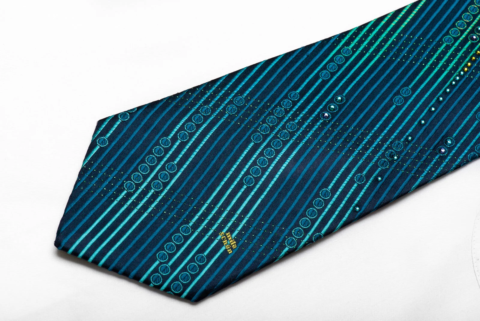 Mila Schon Men's Crystal Silk Necktie Teal Green Yellow Striped On Navy With Green Sparkles - Image 5