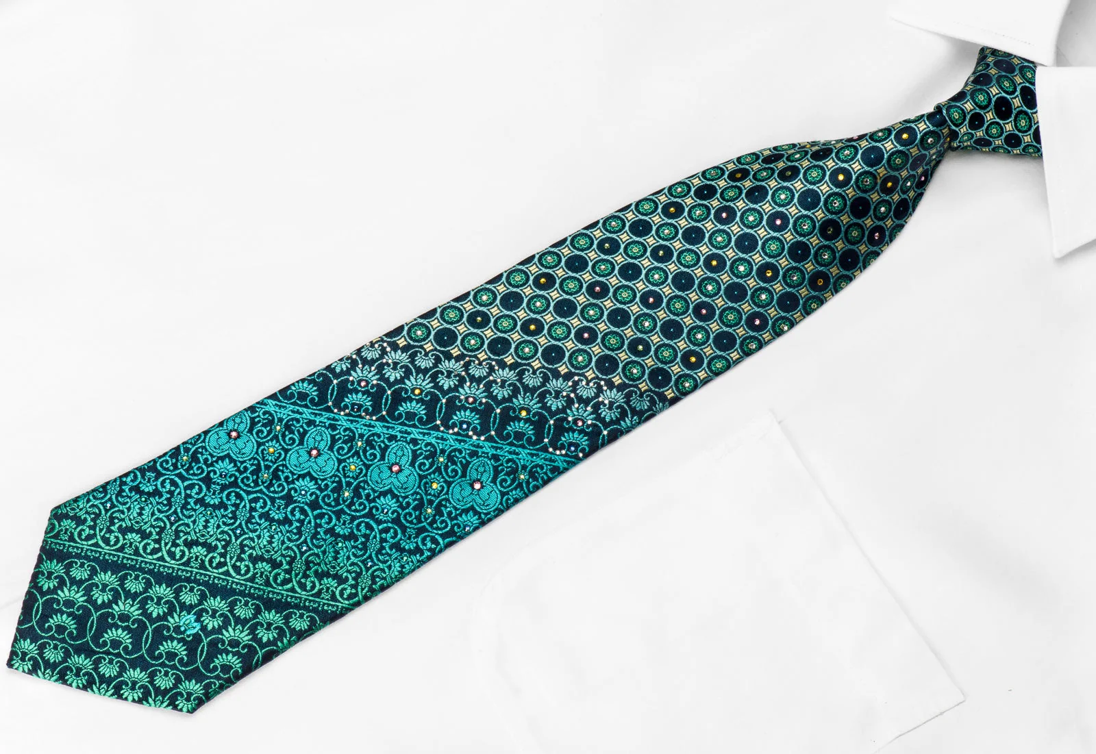 Mila Schon Men's Crystal Silk Tie Geometric Cartouche On Teal With Blue Sparkles - Image 2