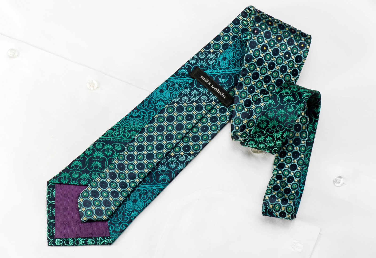 Mila Schon Men's Crystal Silk Tie Geometric Cartouche On Teal With Blue Sparkles - Image 4