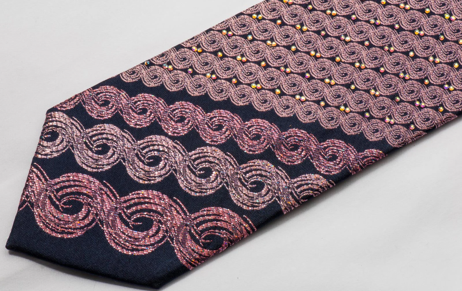 Mila Schon Men's Rhinestone Silk Necktie Metallic Pink Waves On Black - Image 2