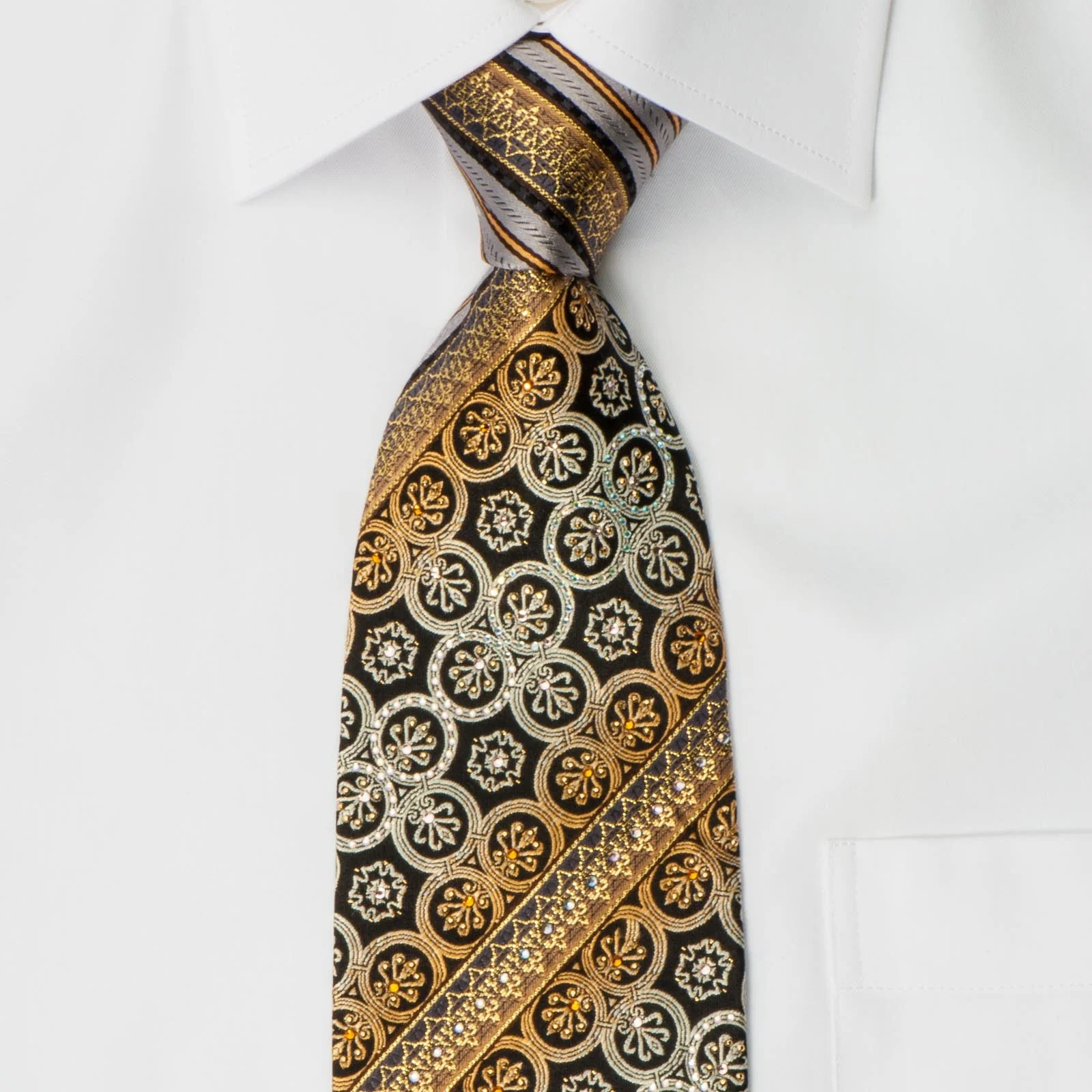 Mila Schon Men's Rhinestone Silk Necktie Silver Gold Stripes With Fleur De Lis Motif & Gold Sparkles - Image 7
