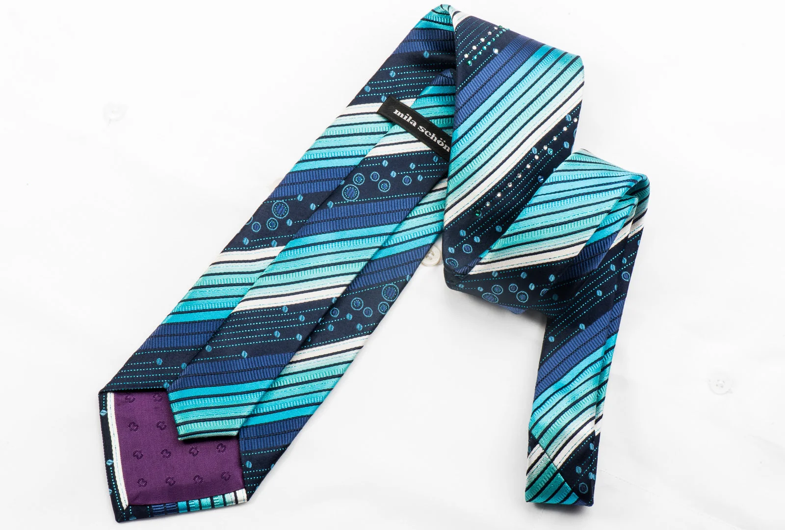 Mila Schon Men's Rhinestone Silk Necktie Striped On Blue With Sparkles - Image 4