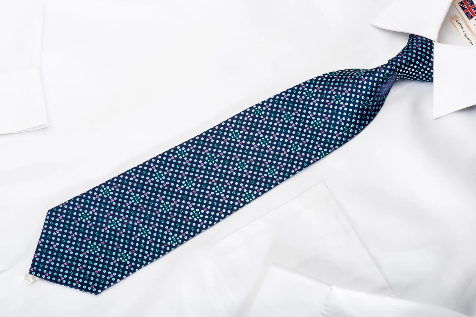 Mila Schon Men's Rhinestone Silk Necktie Teal Dots On Blue With Purple Sparkles - Image 4