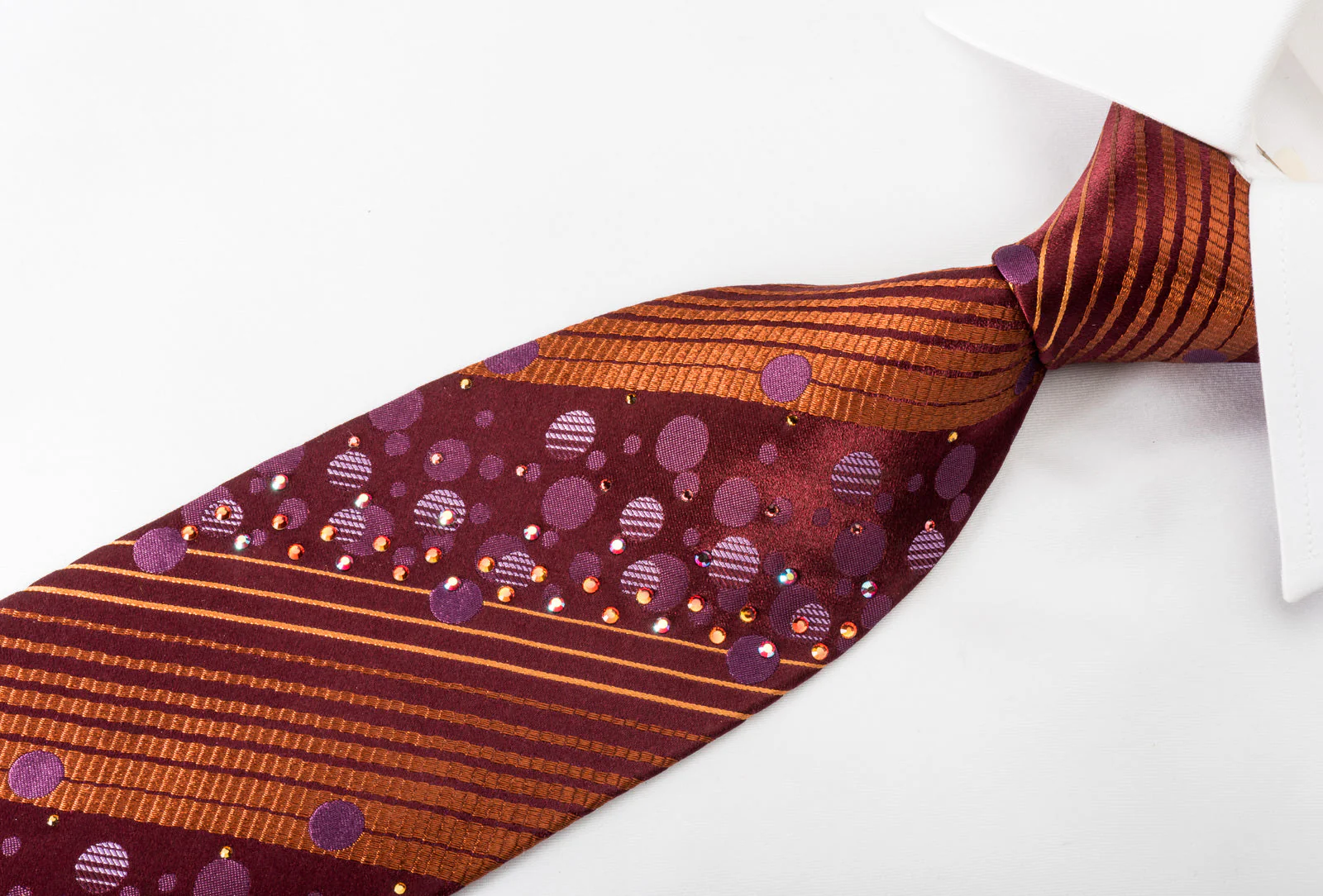 Mila Schon Men's Silk Necktie Copper Striped On Burgundy Sparkling With Rhinestones - Image 3