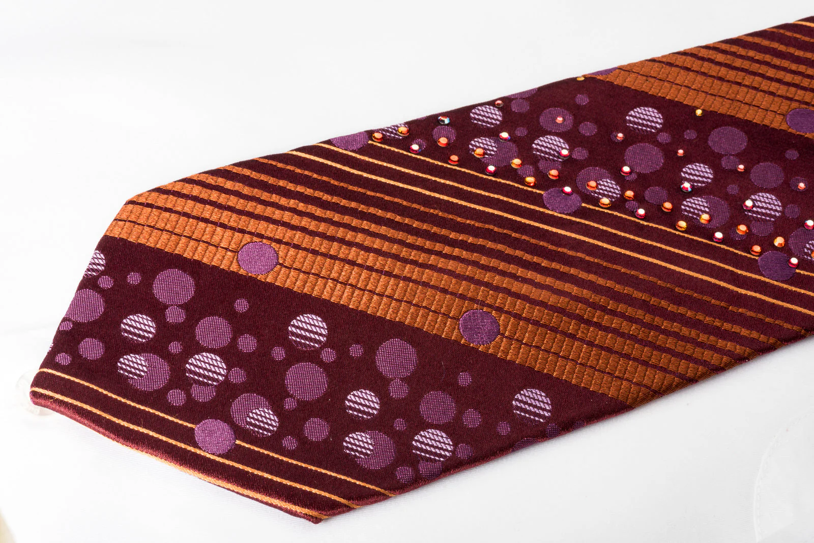 Mila Schon Men's Silk Necktie Copper Striped On Burgundy Sparkling With Rhinestones - Image 5
