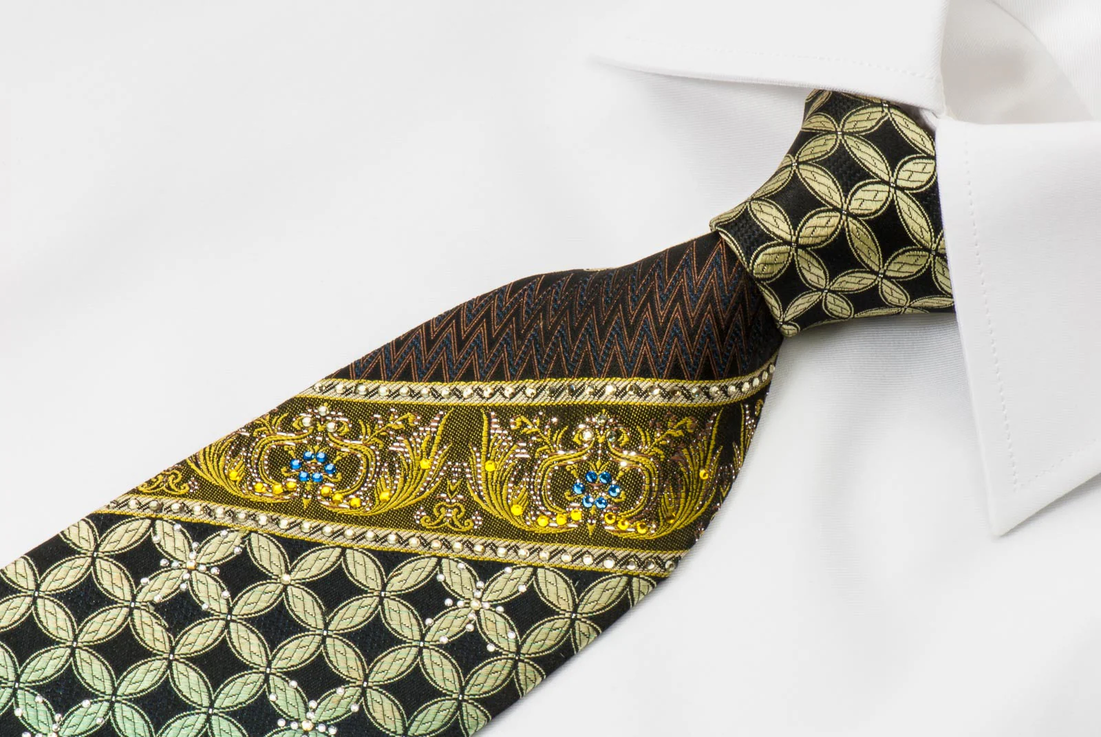 Mila Schon Men's Silk Necktie Green & Gold Geometric On Brown With Crystal Rhinestones - Image 5