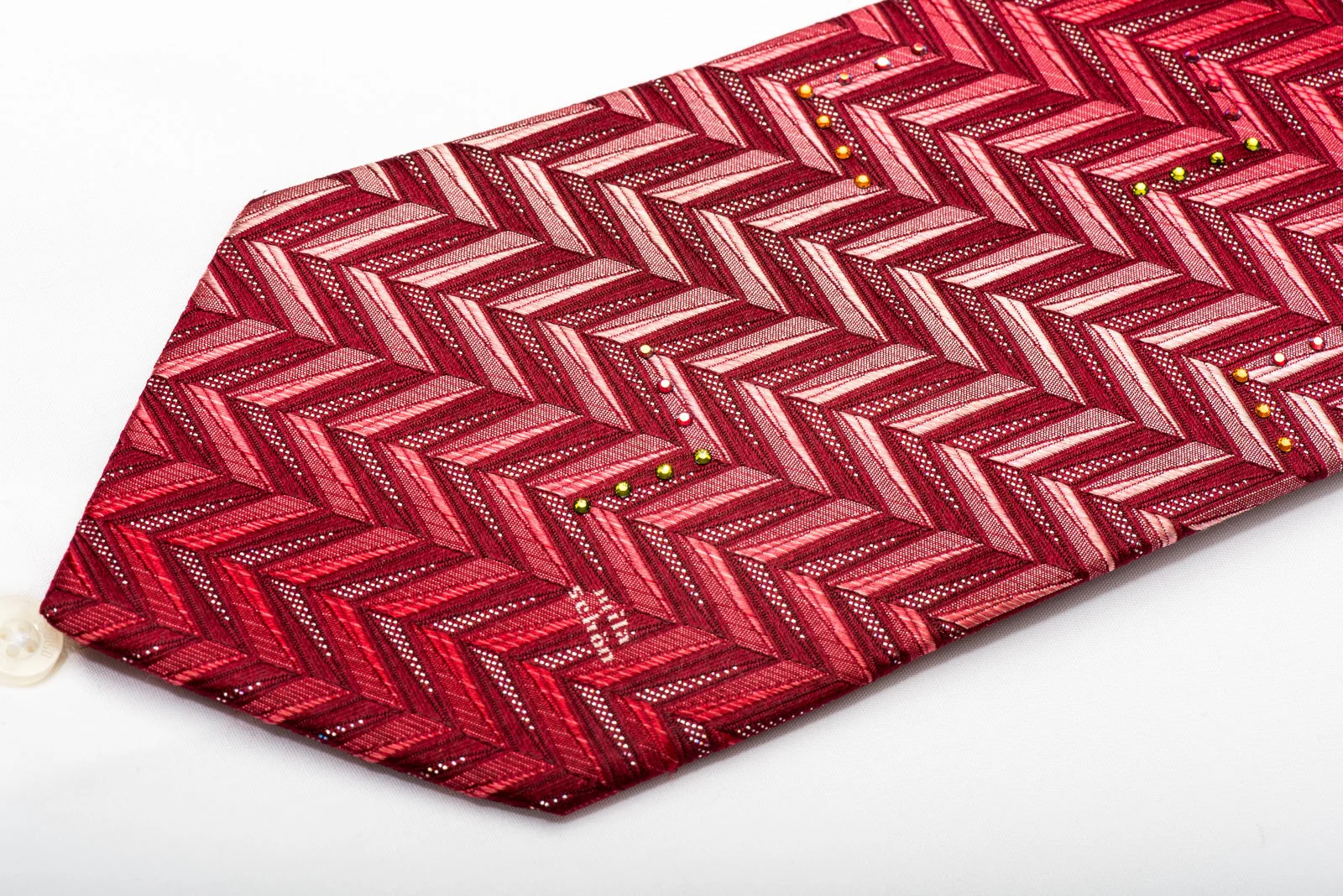 Mila Schon Men's Silk Necktie Herringbone On Red Sparkling With Rhinestones - Image 4