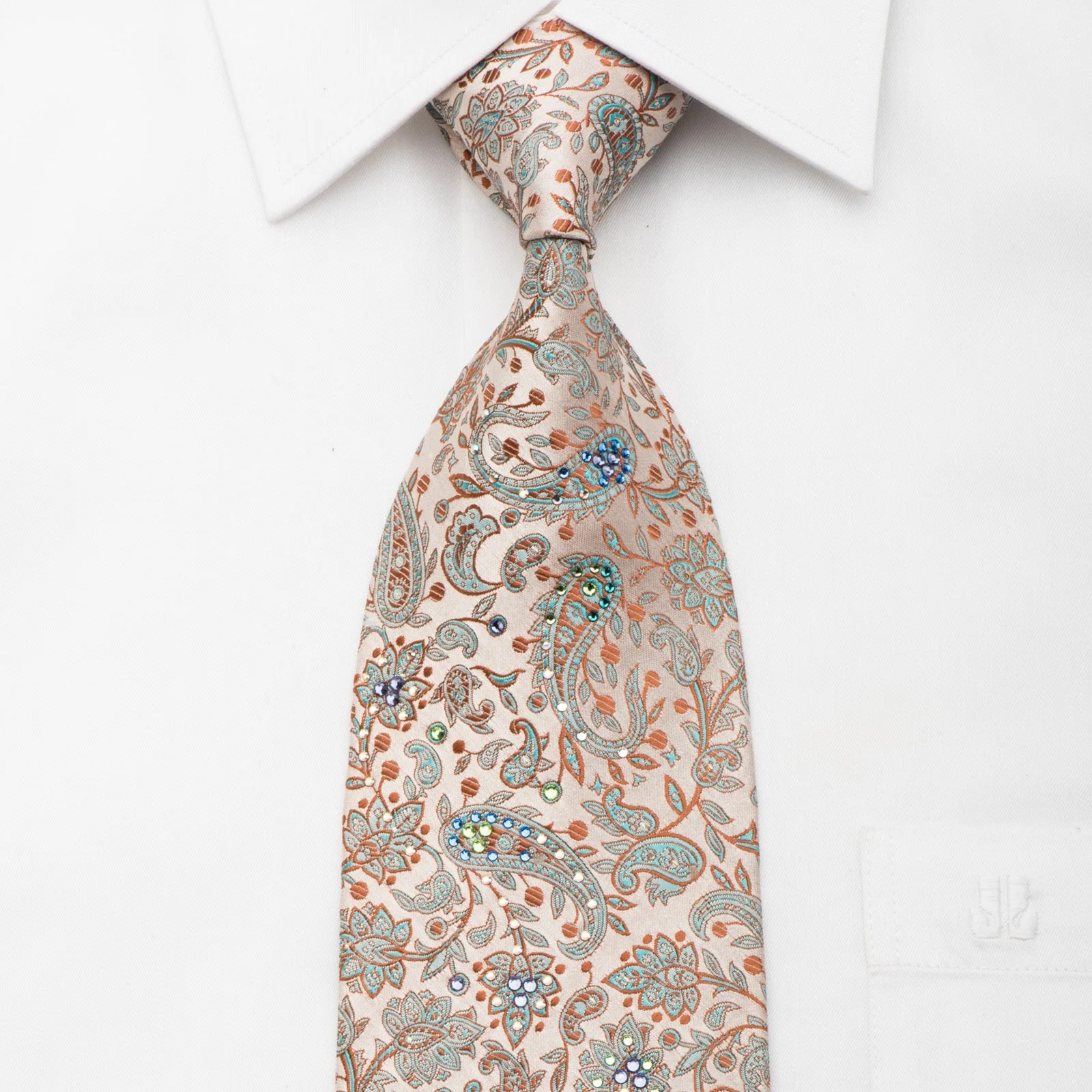 Mila Schon Men's Silk Necktie Paisley Floral On Gold Sparkling With Crystal Rhinestones