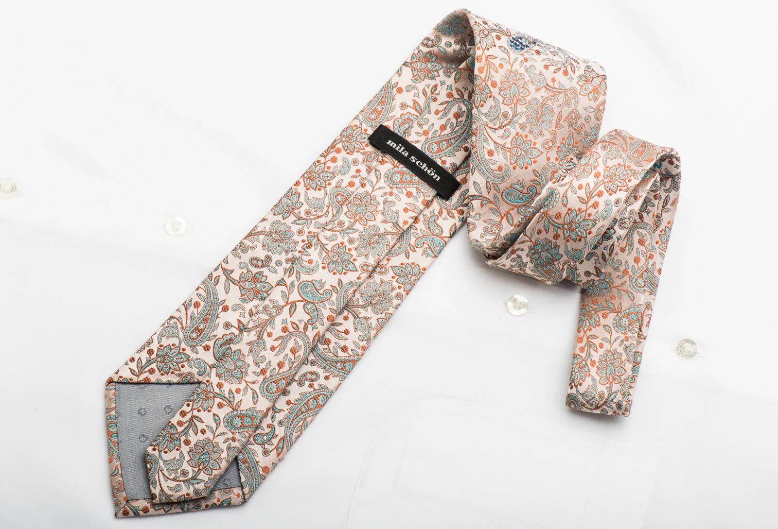 Mila Schon Men's Silk Necktie Paisley Floral On Gold Sparkling With Crystal Rhinestones - Image 6