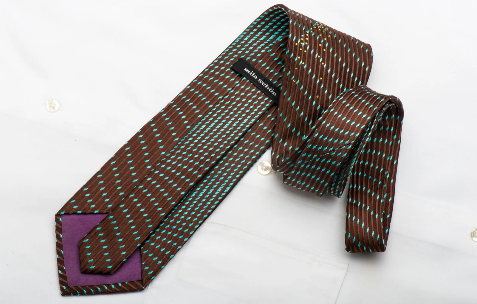Mila Schon Men's Silk Necktie Turquoise Geometric On Brown Sparkling With Rhinestones - Image 3