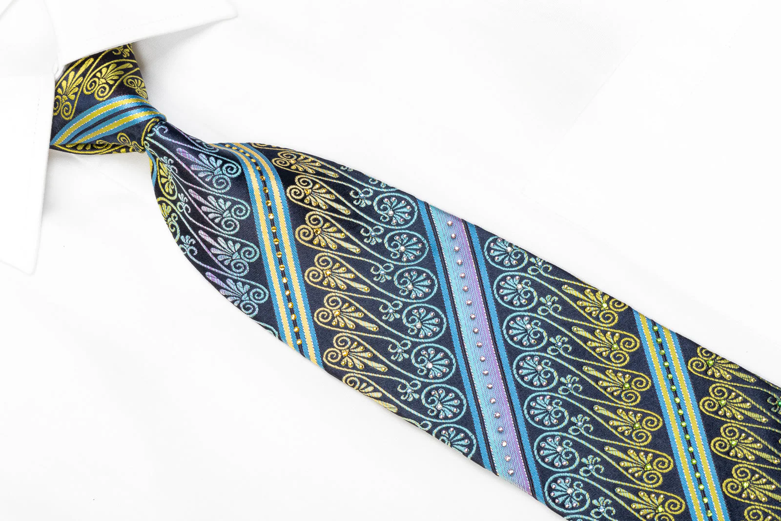 Men's Silk Rhinestone Necktie Green Blue Anthemion Striped On Navy - Image 2