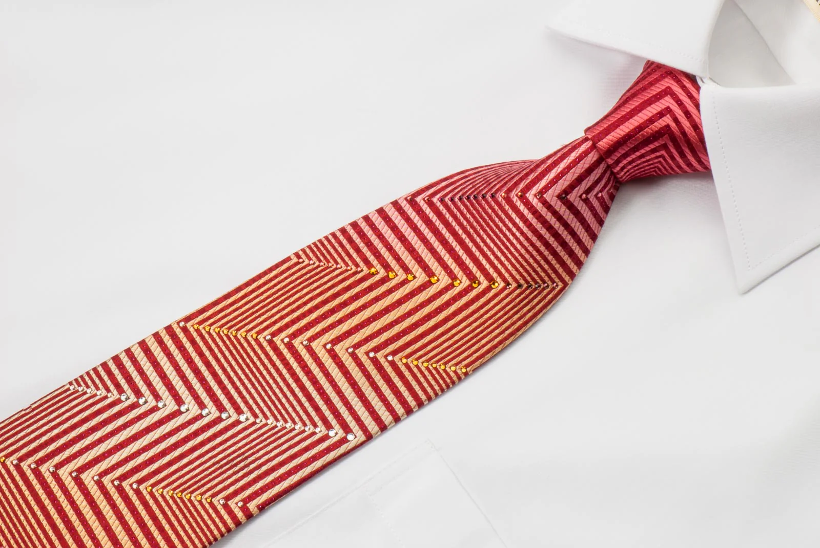 Mila Schon Men's Silk Rhinestone Necktie Zigzags On Burgundy With Red Sparkles