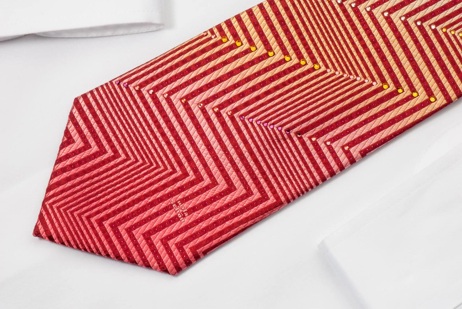 Mila Schon Men's Silk Rhinestone Necktie Zigzags On Burgundy With Red Sparkles - Image 2