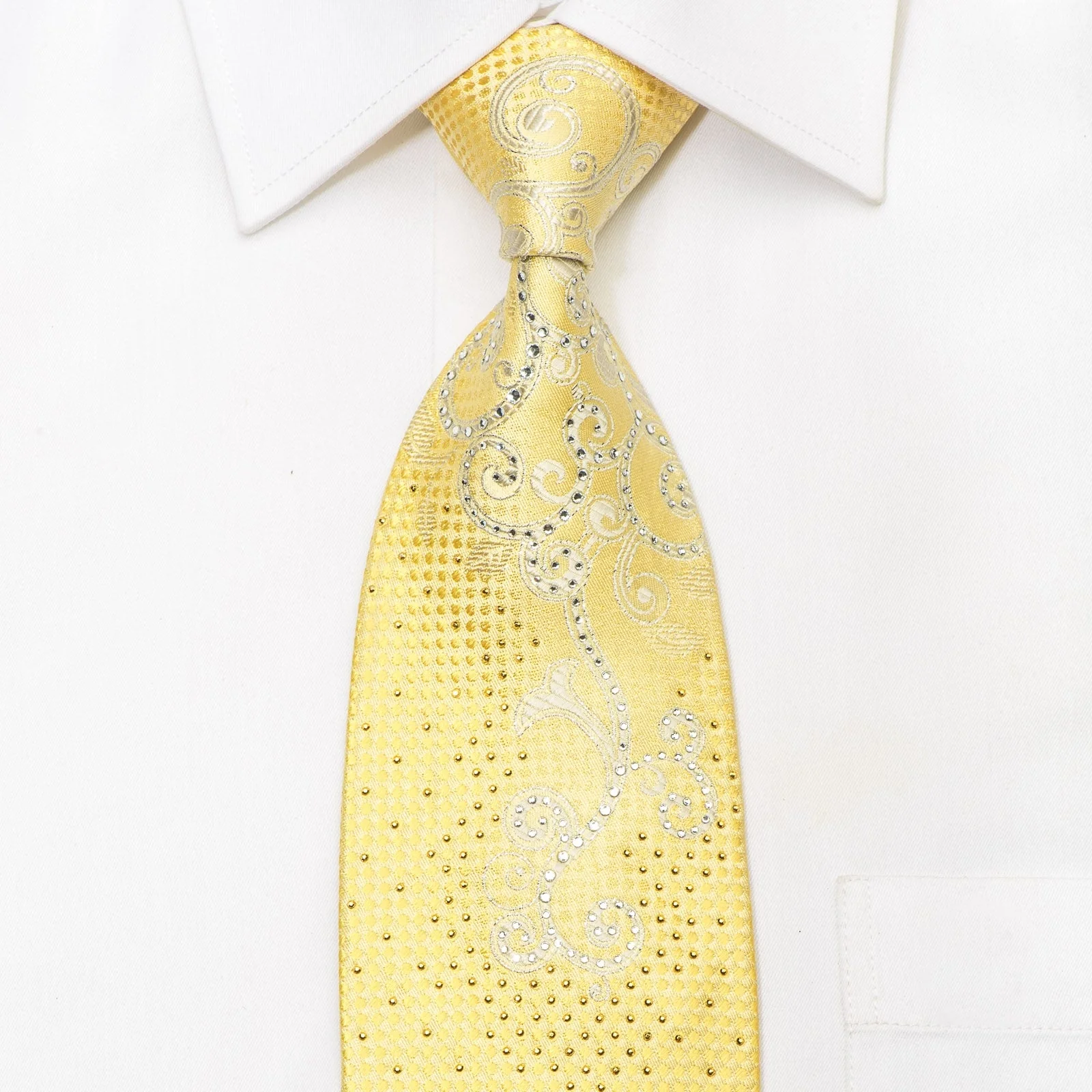 Mila Schon Men's Silk Tie Scrolls On Yellow Sparkling With Rhinestones