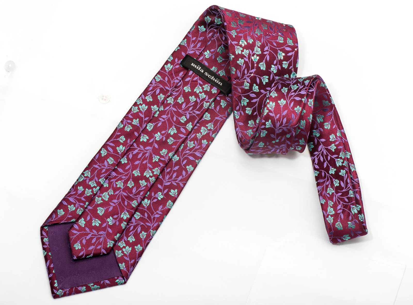 Mila Schon Men's Silk Tie Teal Floral On Purple Crystal Necktie - Image 4