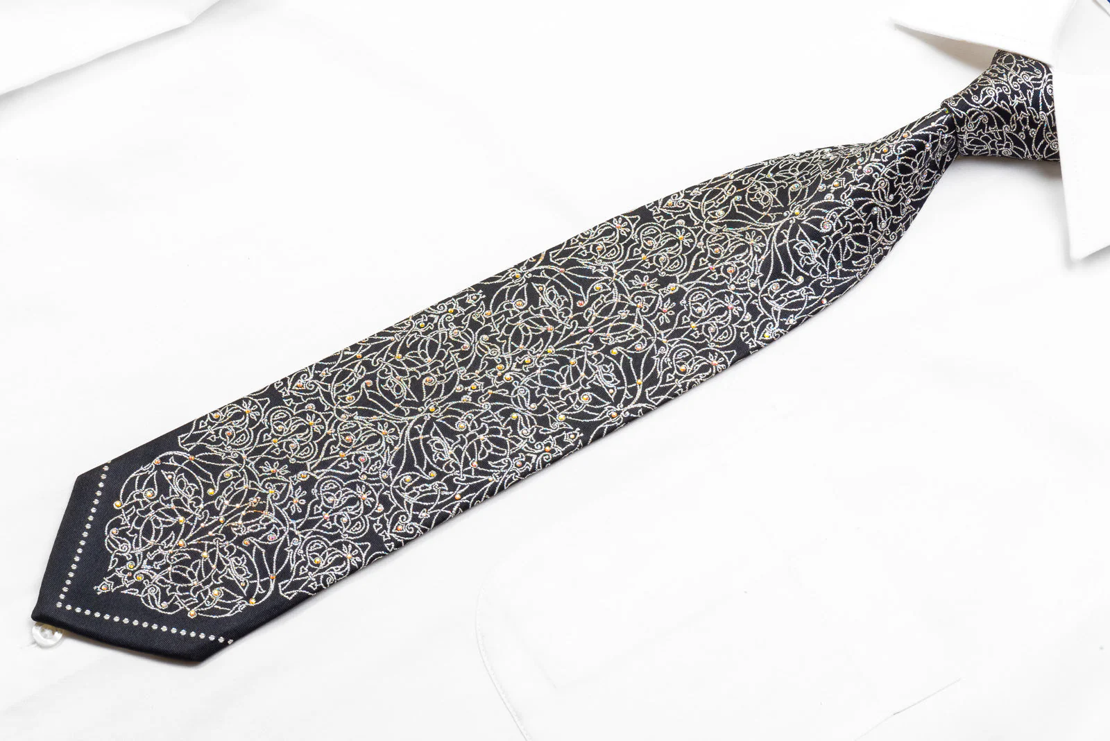Mila Schon Mens Crystal Rhinestone Necktie Silver Filigree On Navy With Sparkles - Image 4