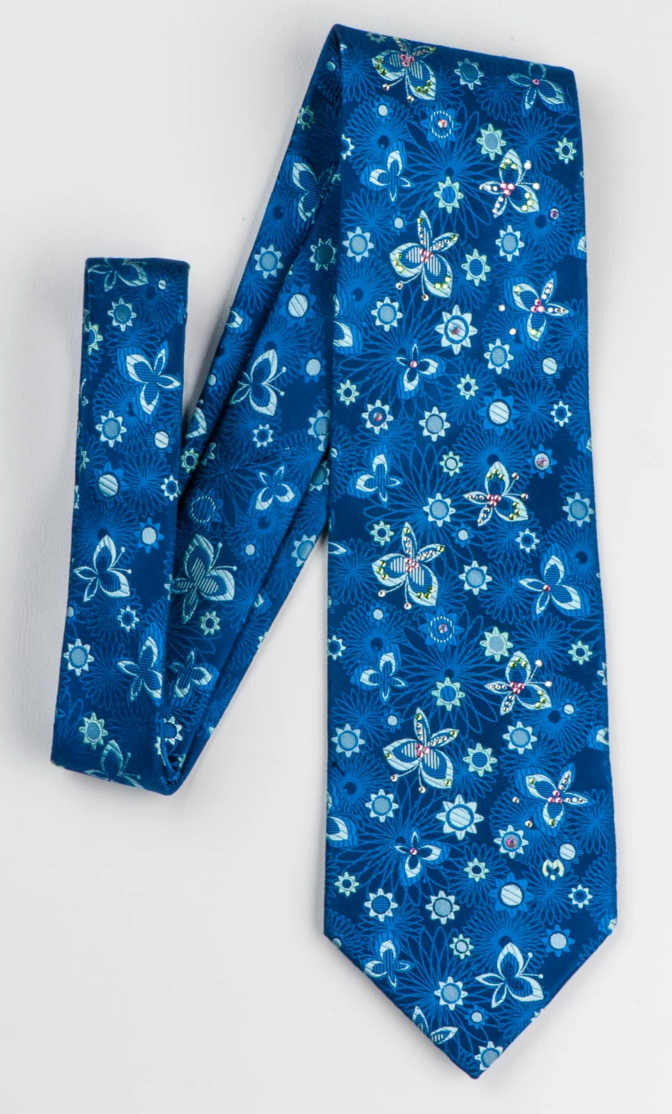 Mila Schön Mens Rhinestone Silk Neck Tie Floral & Butterflies On Blue 3 1/2 Inch - Image 5