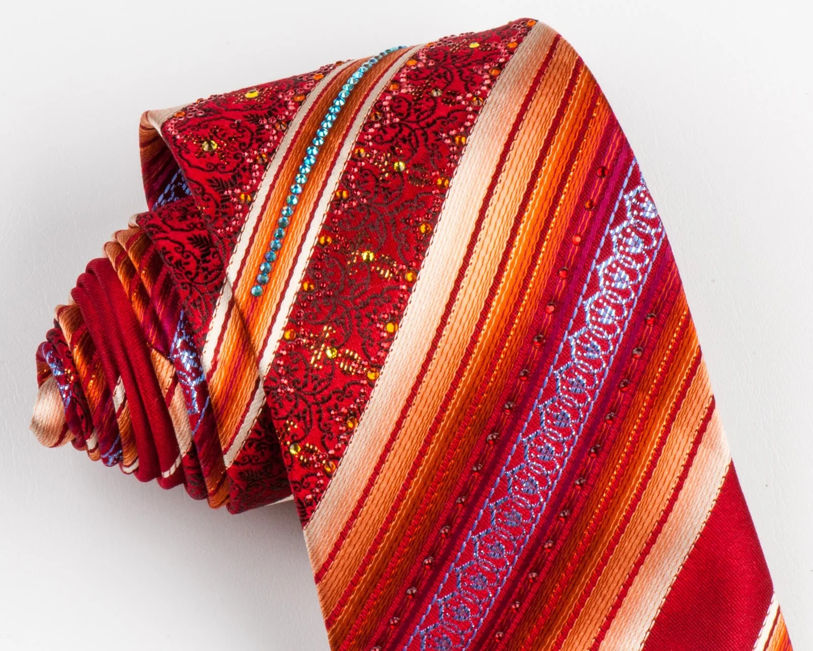 Mila Schön Mens Rhinestone Silk Neck Tie Orange Stripes On Burgundy 3 1/2 Inch - Image 4