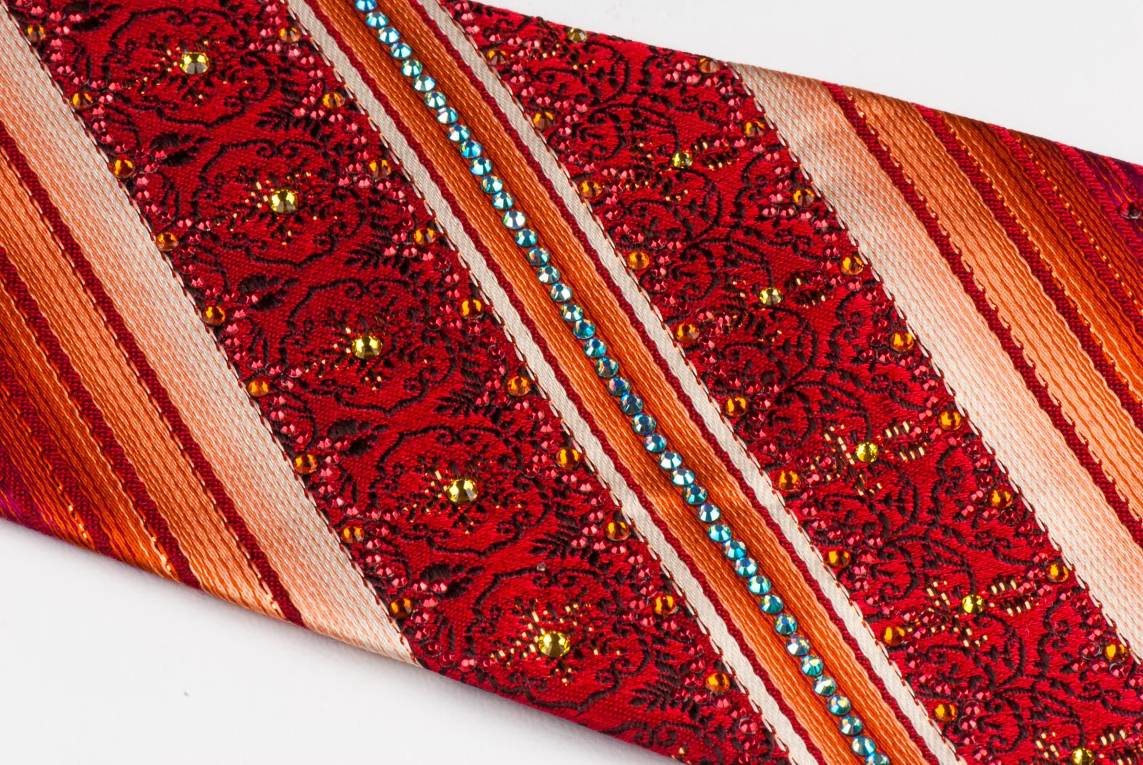 Mila Schön Mens Rhinestone Silk Neck Tie Orange Stripes On Burgundy 3 1/2 Inch - Image 5