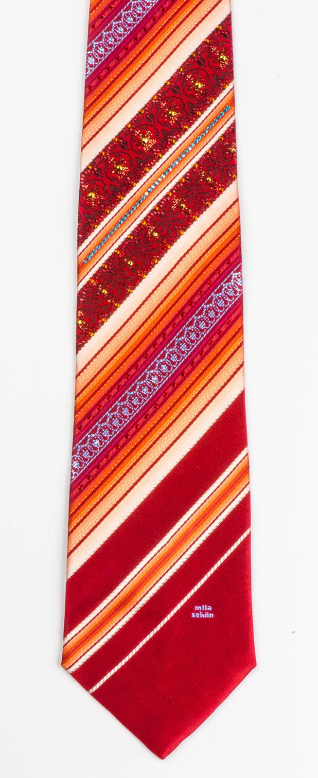 Mila Schön Mens Rhinestone Silk Neck Tie Orange Stripes On Burgundy 3 1/2 Inch - Image 6