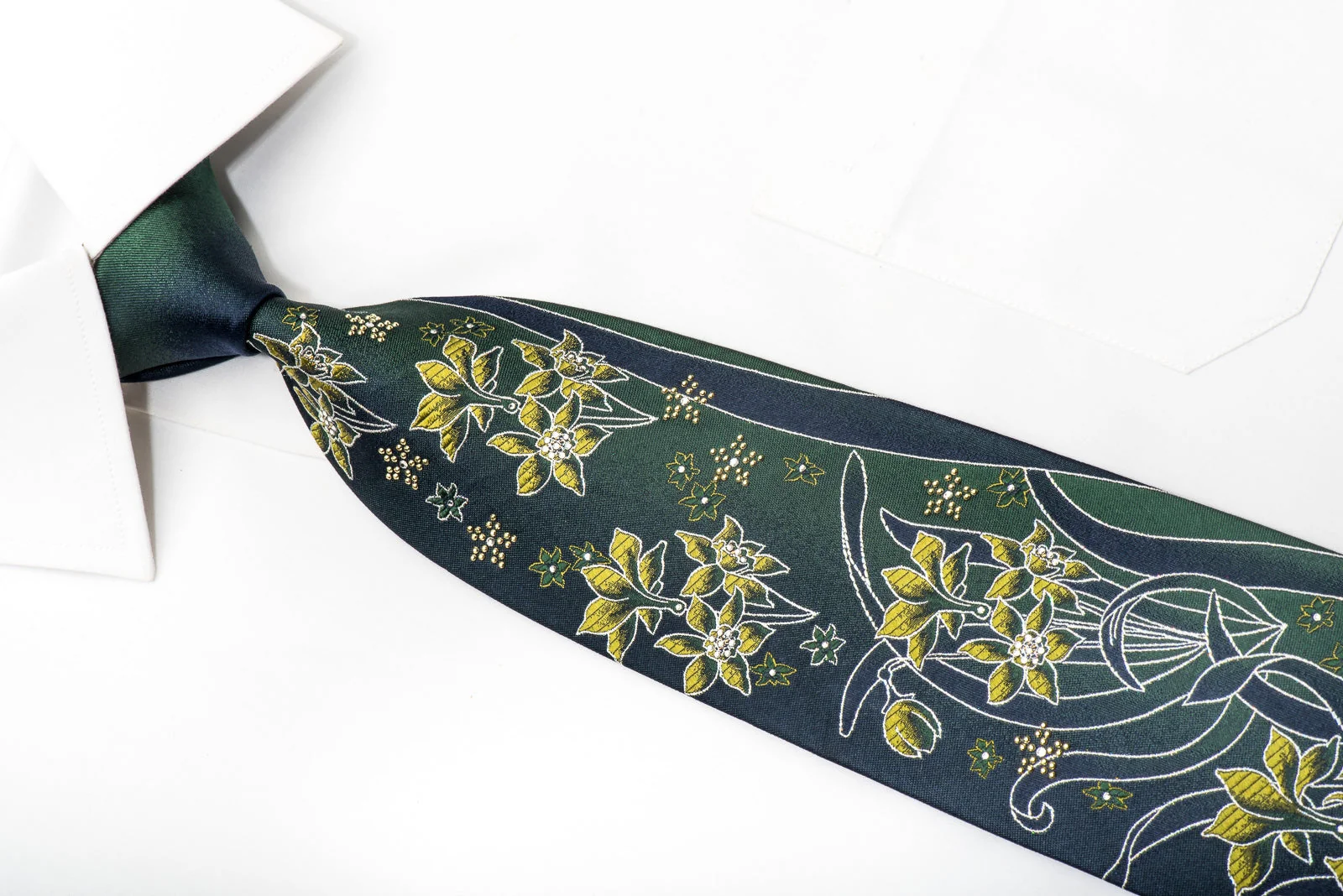 Mila Schon Mens Rhinestone Silk Necktie Floral On Green With Silver Sparkles - Image 2