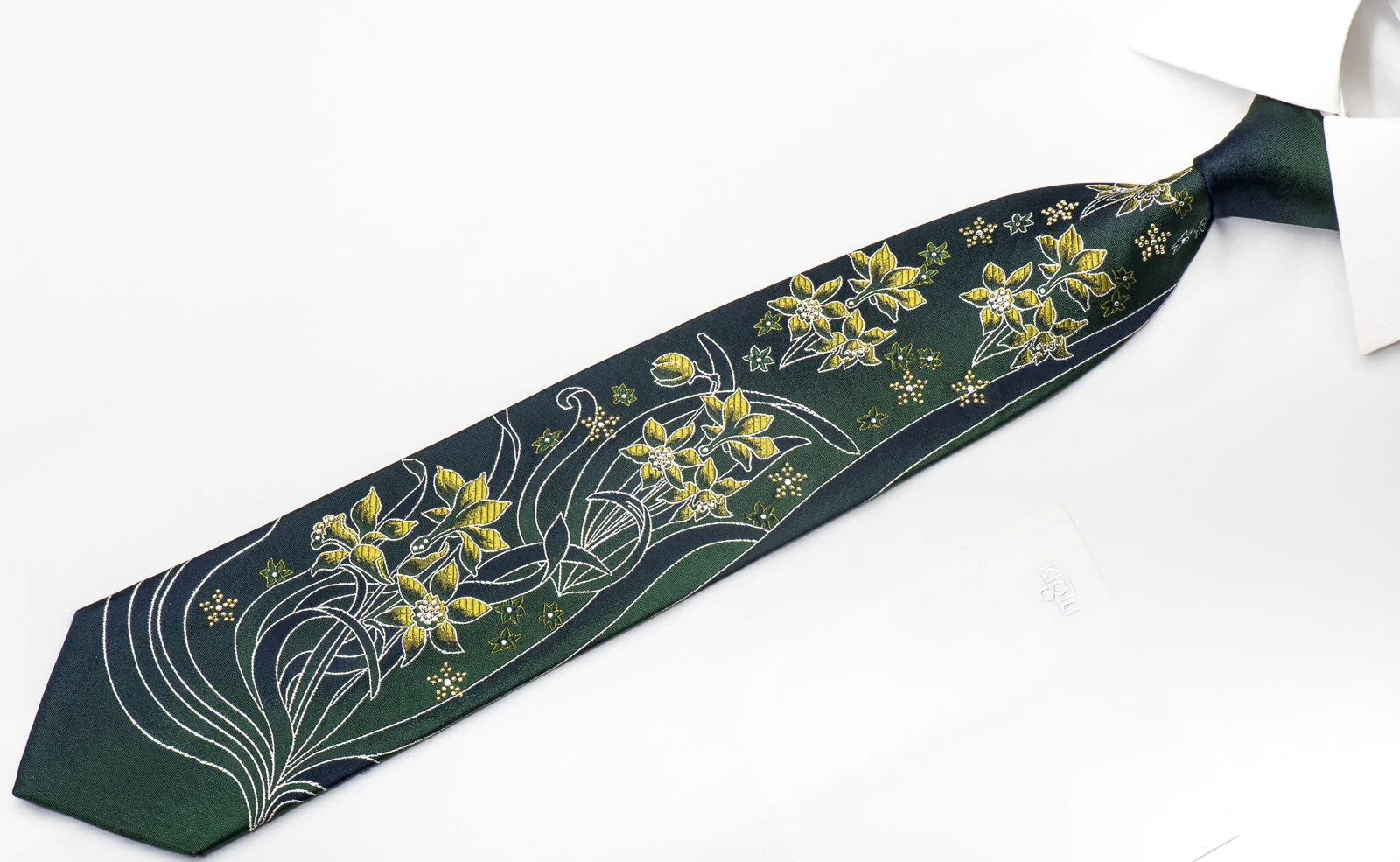Mila Schon Mens Rhinestone Silk Necktie Floral On Green With Silver Sparkles - Image 4