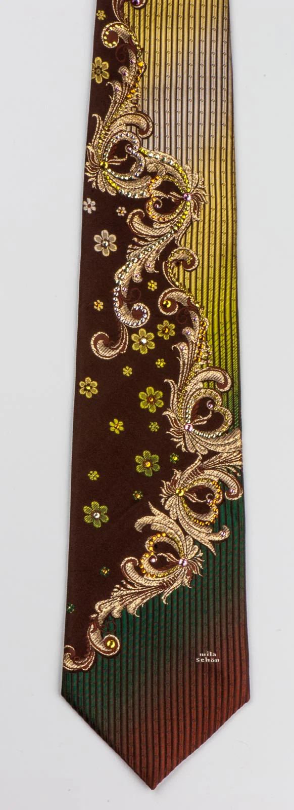 Golden Scrolls & Flowers On Brown Mens Rhinestone Silk Necktie - Image 5