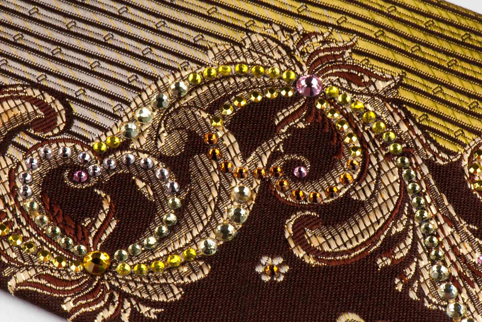Golden Scrolls & Flowers On Brown Mens Rhinestone Silk Necktie - Image 7