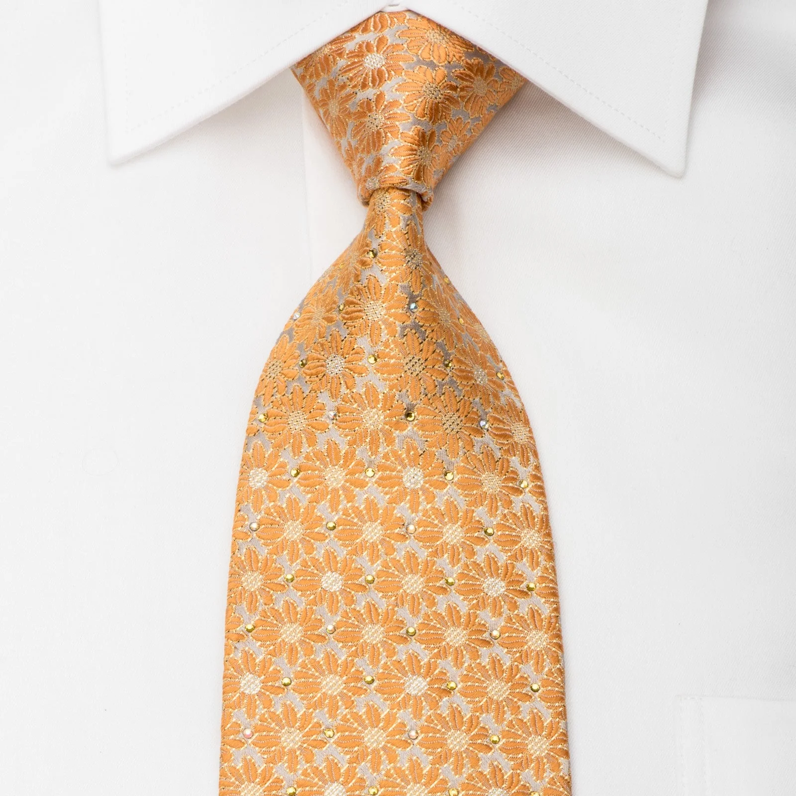 Mila Schon Mens Rhinestone Silk Necktie Orange Floral On Silver With Golden Sparkles