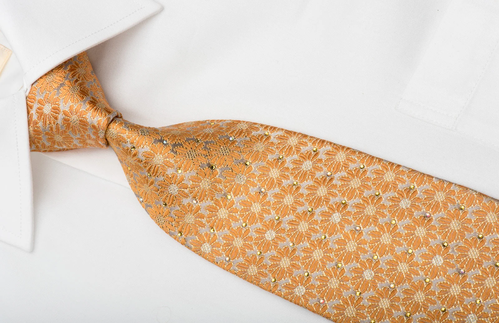 Mila Schon Mens Rhinestone Silk Necktie Orange Floral On Silver With Golden Sparkles - Image 2
