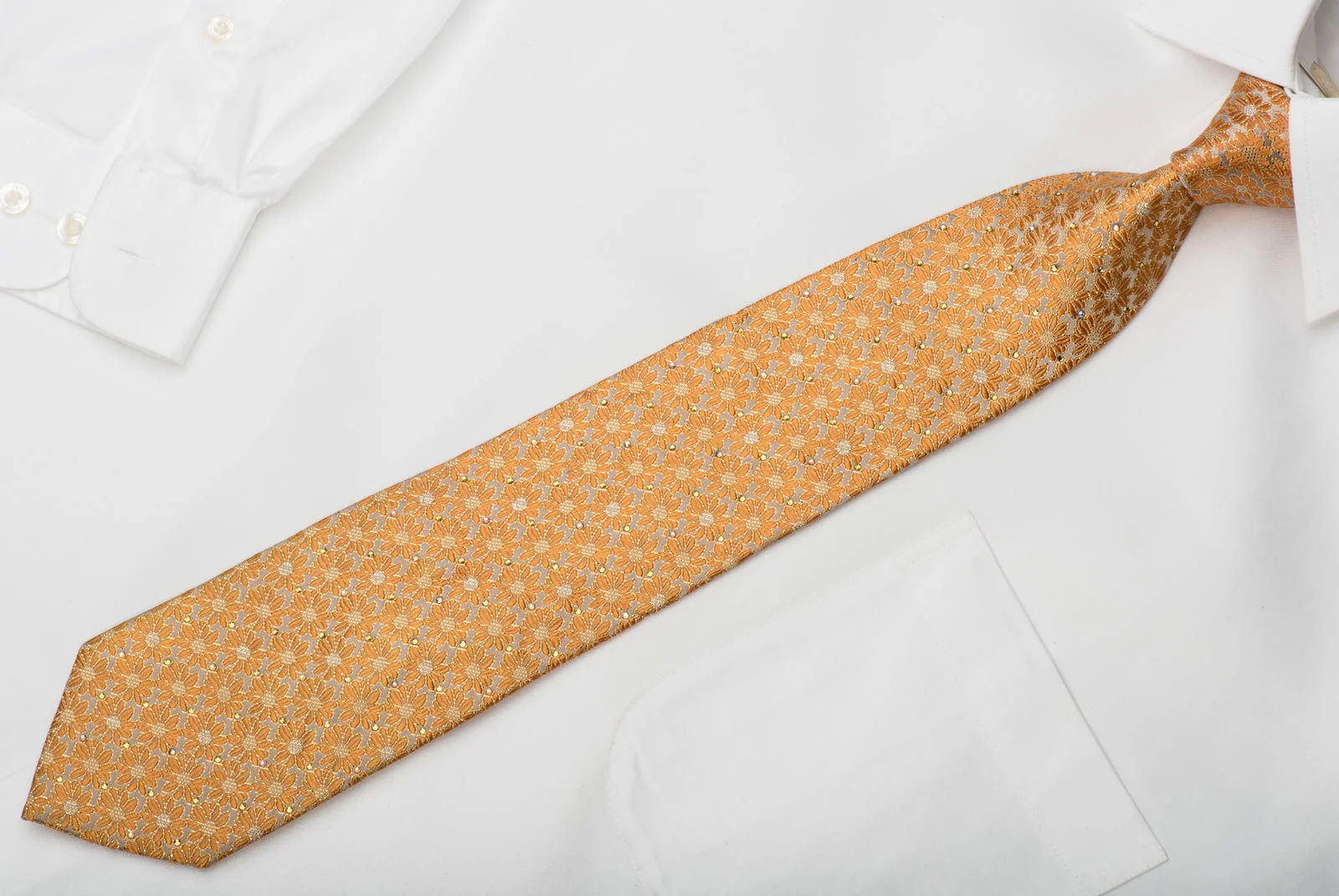 Mila Schon Mens Rhinestone Silk Necktie Orange Floral On Silver With Golden Sparkles - Image 4