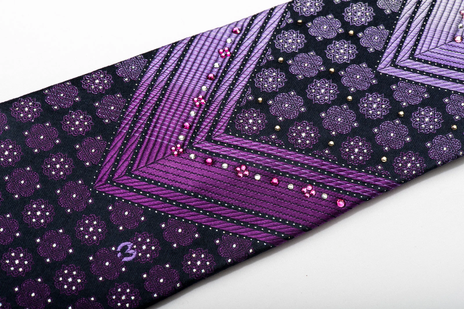 Mila Schon Mens Silk Necktie Purple V Stripes On Navy Sparkling With Crystal Rhinestones - Image 3