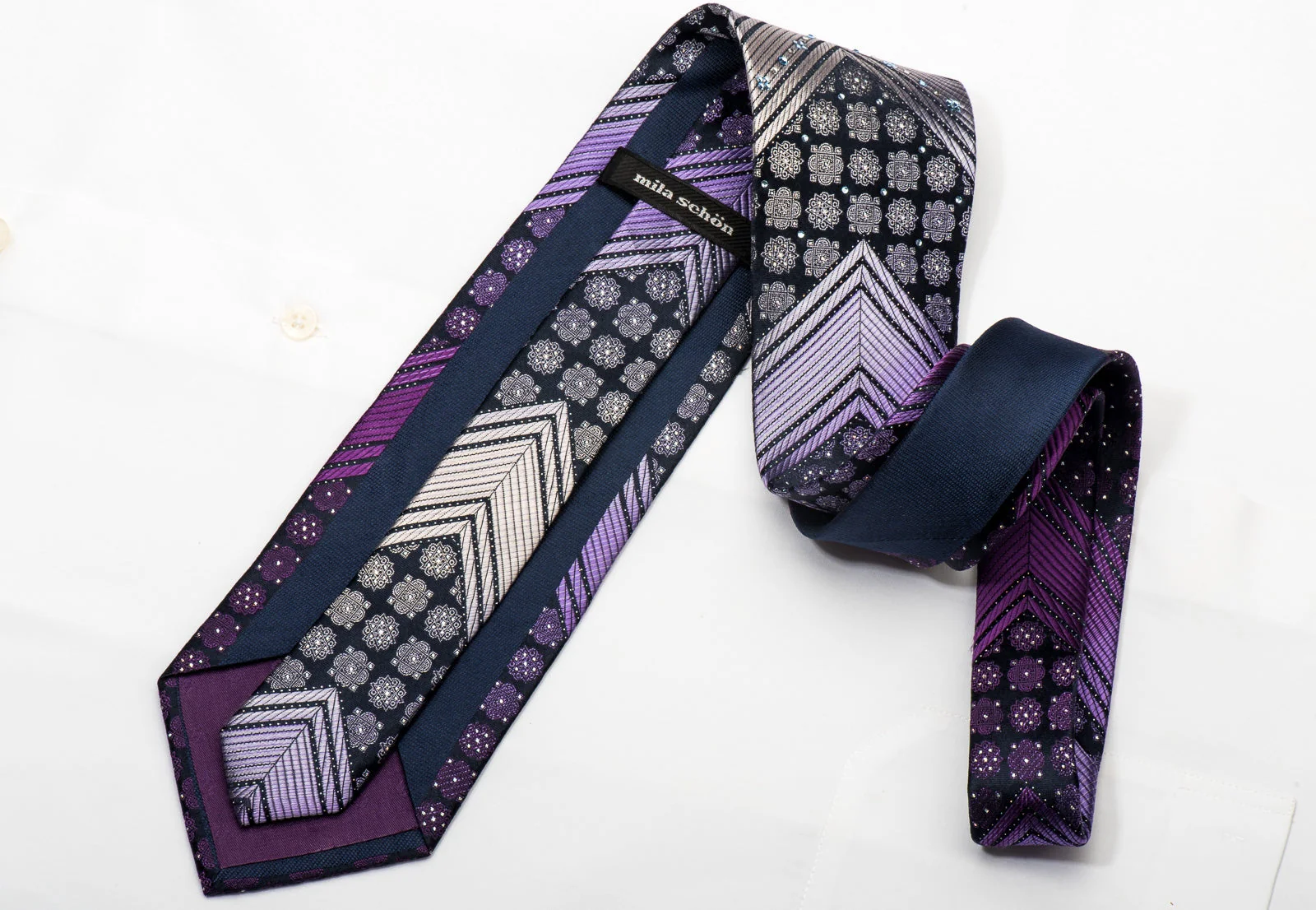 Mila Schon Mens Silk Necktie Purple V Stripes On Navy Sparkling With Crystal Rhinestones - Image 4
