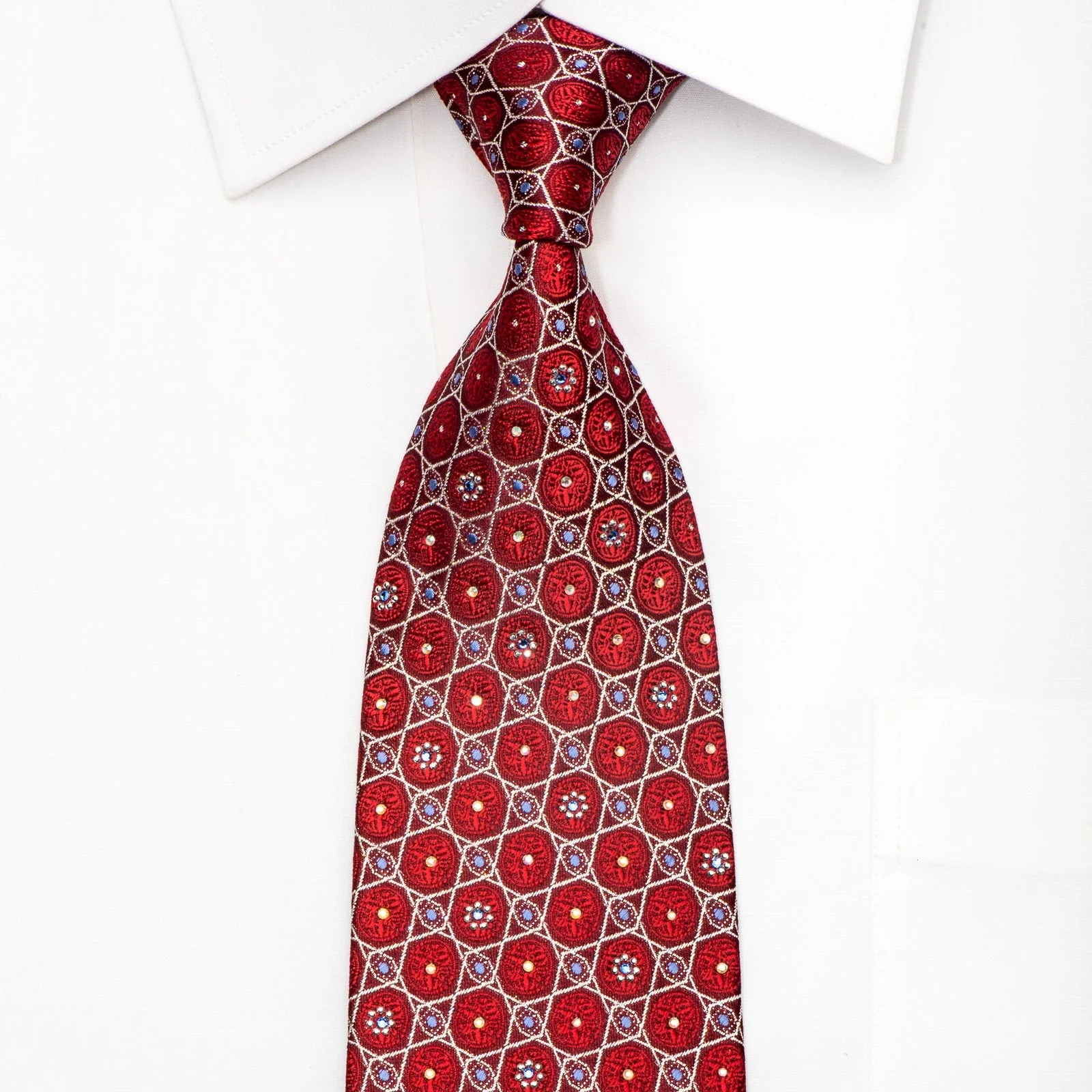 Mila Schon Mens Silk Rhinestone Tie Silver Trellis On Burgundy With Silver Sparkles