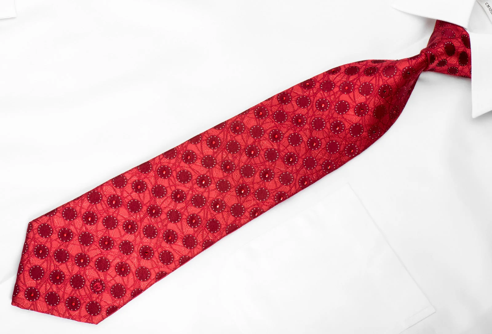 Mila Schon Rhinestone Necktie Geometric Circles On Red With Silver Sparkles - Image 4