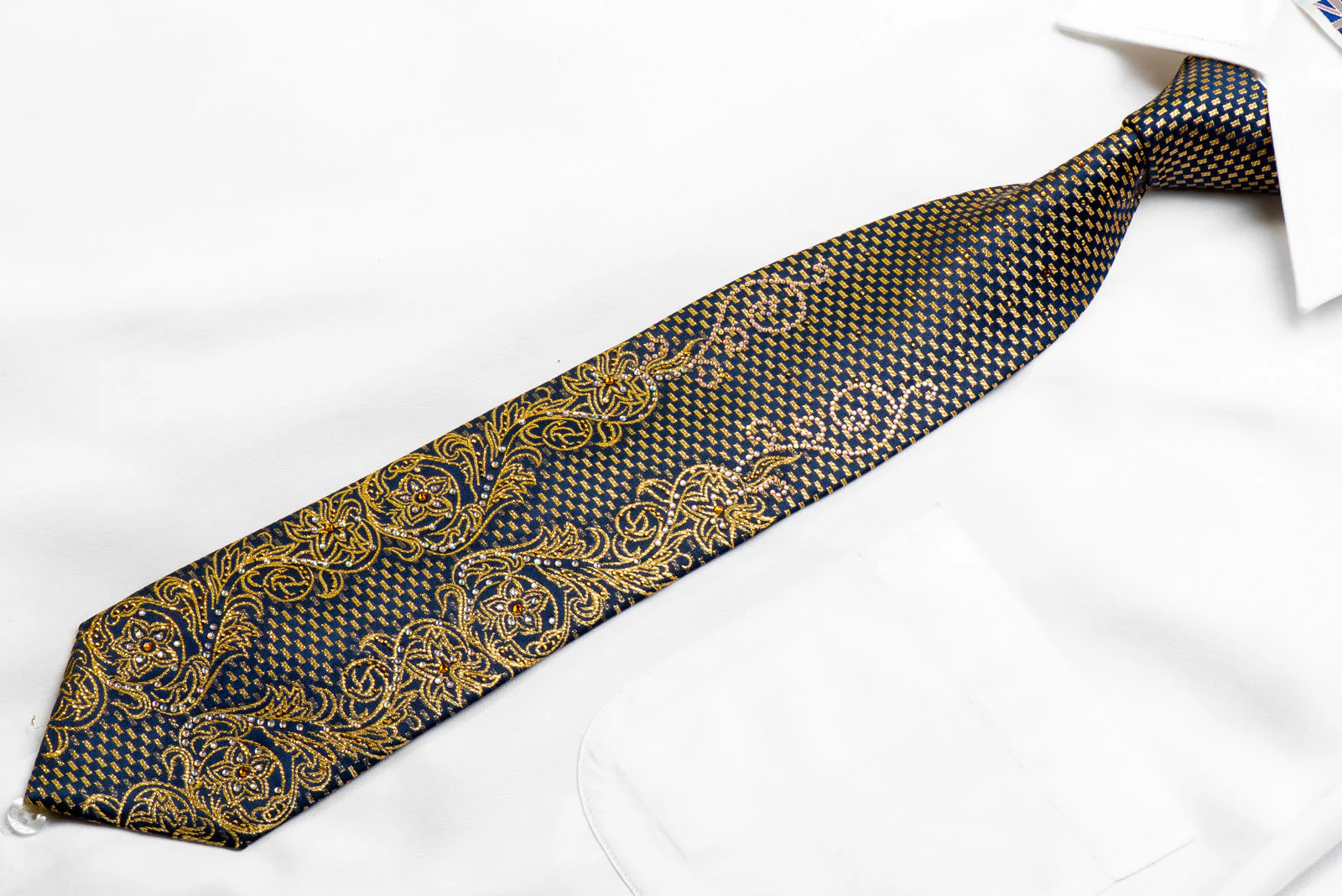 Mila Schon Rhinestone Necktie Gold Acanthus Scrolls On Navy With Sparkles - Image 3