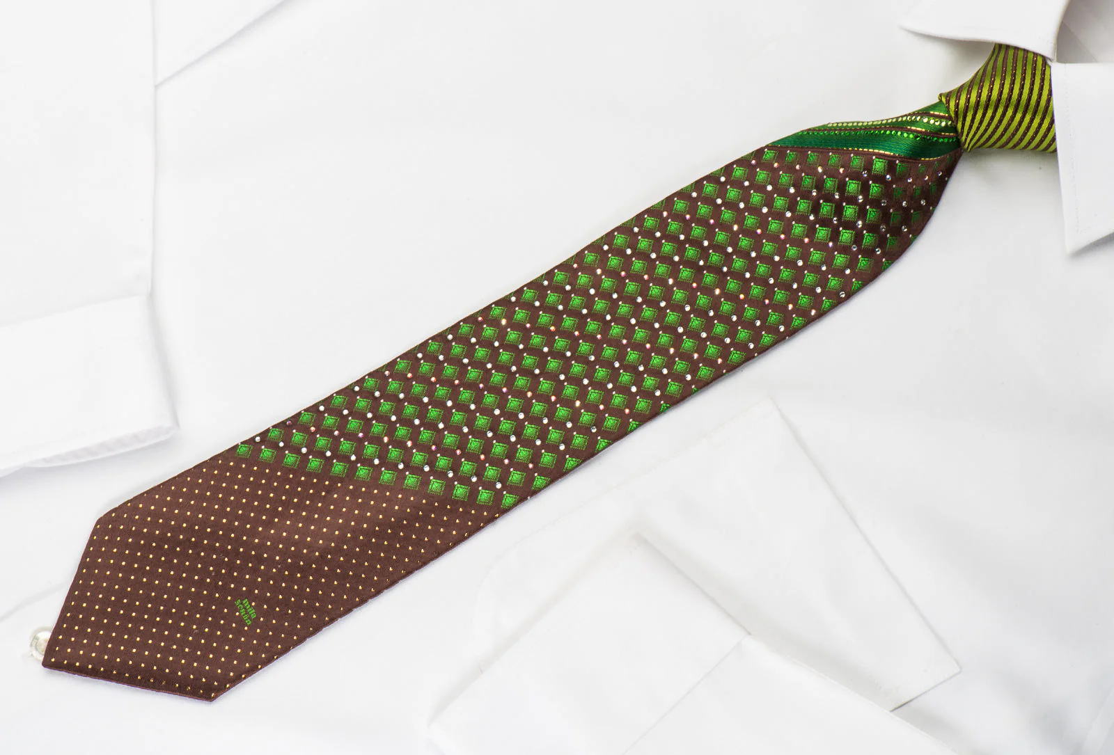 Mila Schon Rhinestone Necktie Green Geometric On Dark Brown With Golden Sparkles - Image 5