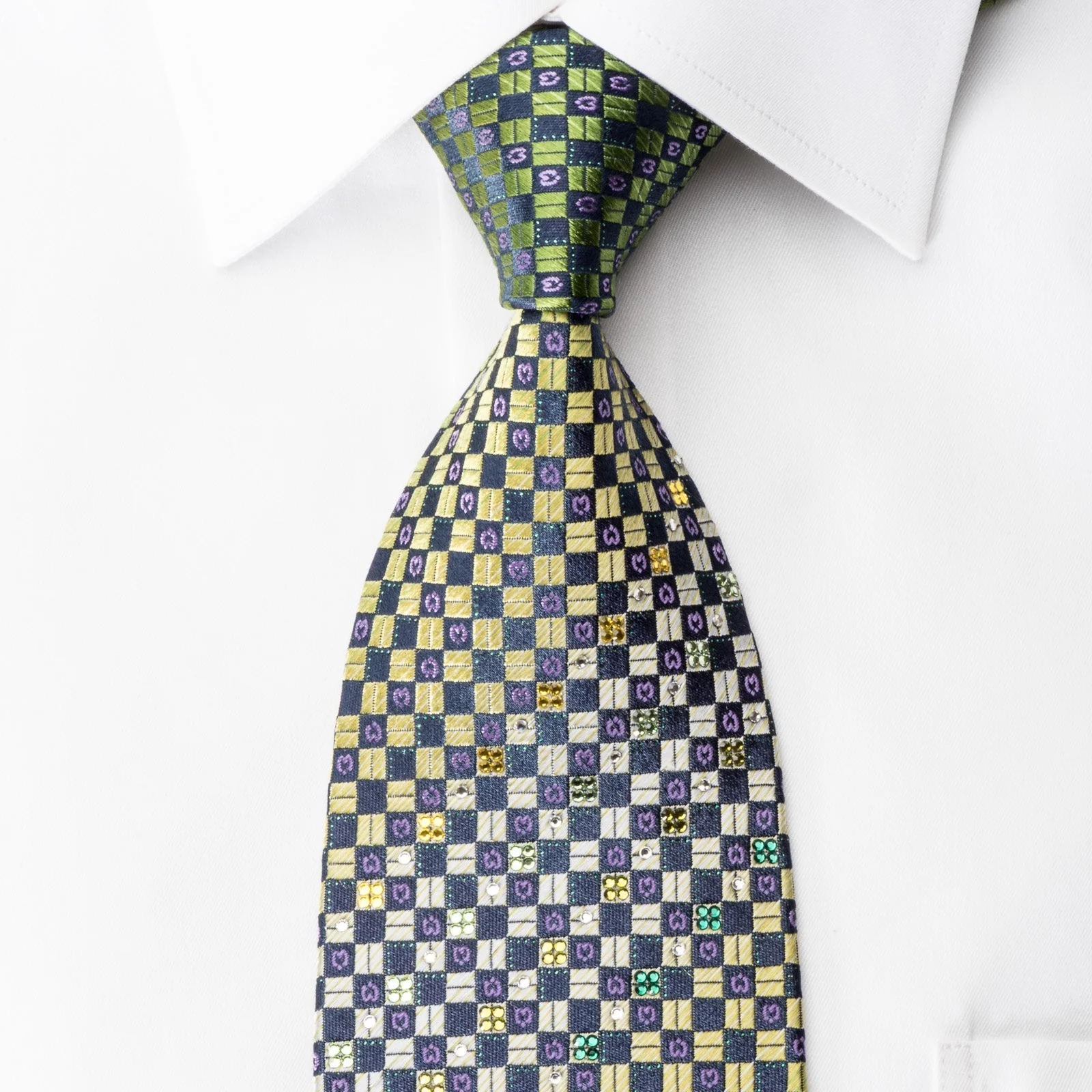 Mila Schon Rhinestone Necktie Green Navy Checkered With Green Sparkles