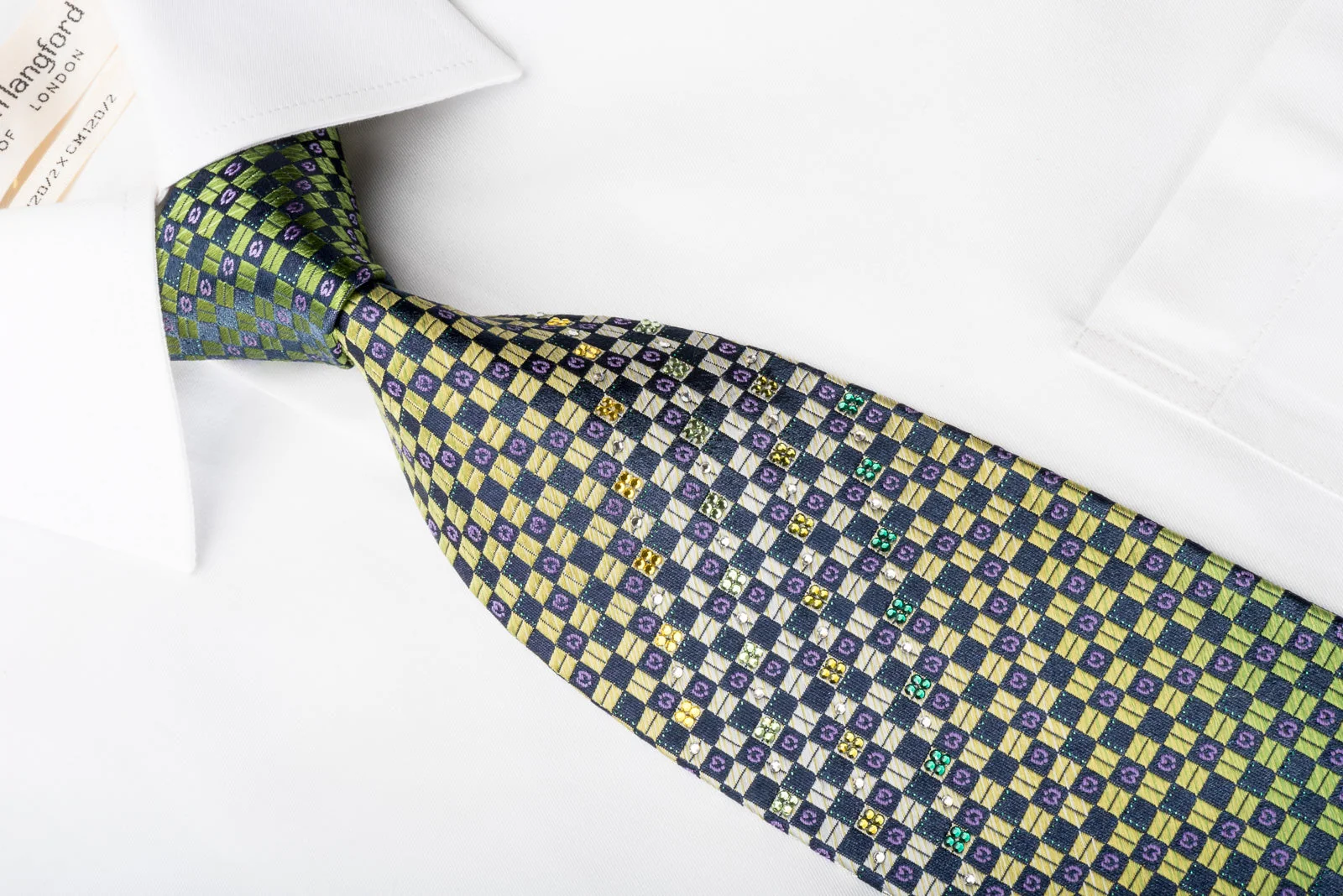 Mila Schon Rhinestone Necktie Green Navy Checkered With Green Sparkles - Image 3