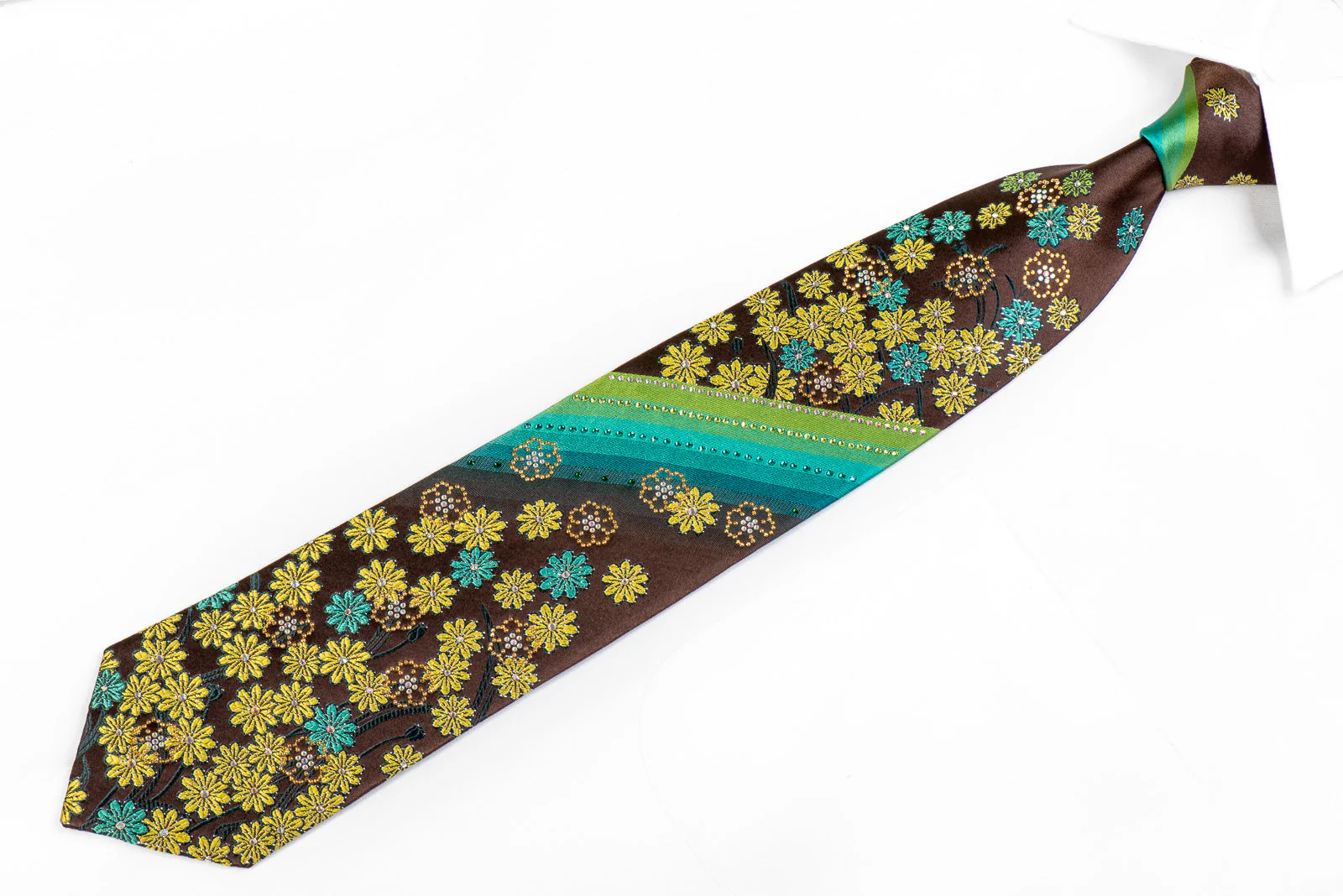 Mila Schon Rhinestone Necktie Green Turquoise Floral On Brown - Image 4