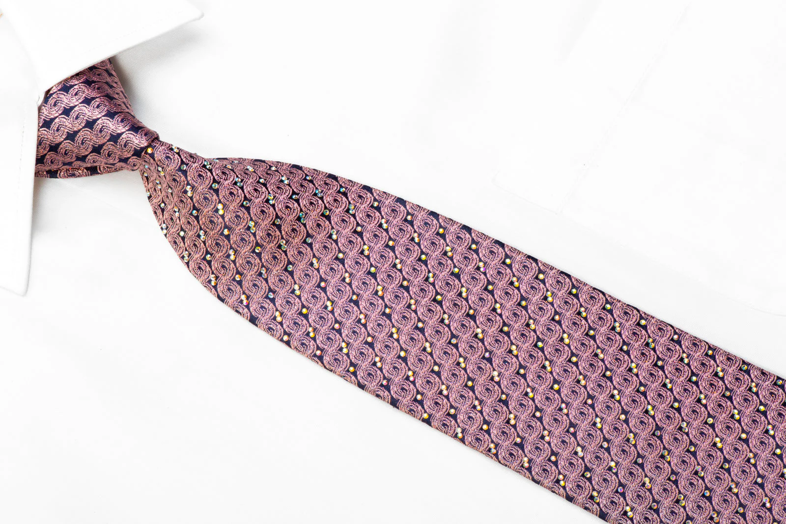 Rhinestone Necktie Pink Scrolls On Navy With Sparkles - Image 2