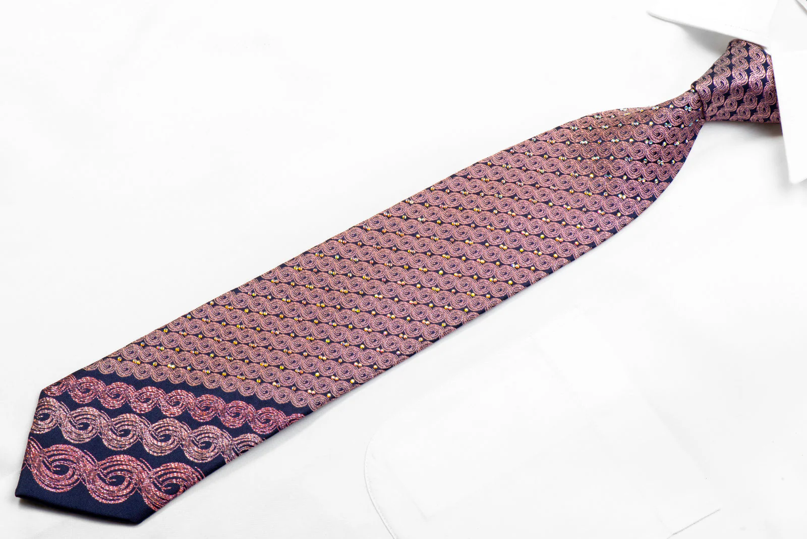 Rhinestone Necktie Pink Scrolls On Navy With Sparkles - Image 3