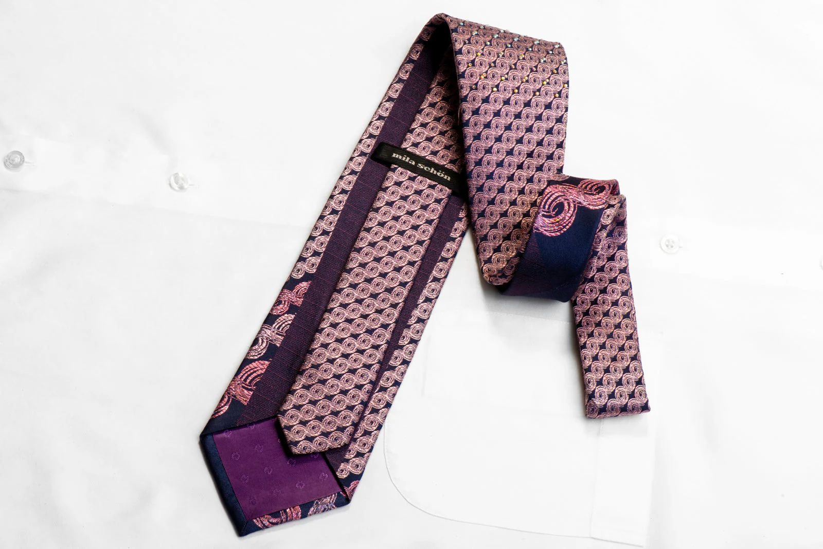 Rhinestone Necktie Pink Scrolls On Navy With Sparkles - Image 4