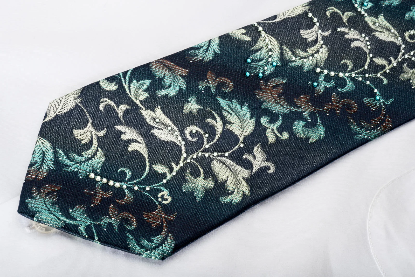 Mila Schon Rhinestone Necktie Teal Yellow Vines On Navy With Silver Sparkles - Image 2