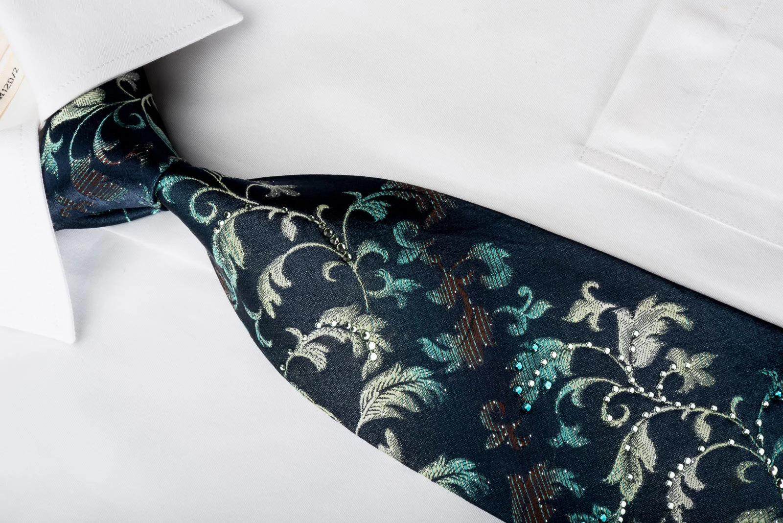 Mila Schon Rhinestone Necktie Teal Yellow Vines On Navy With Silver Sparkles - Image 3