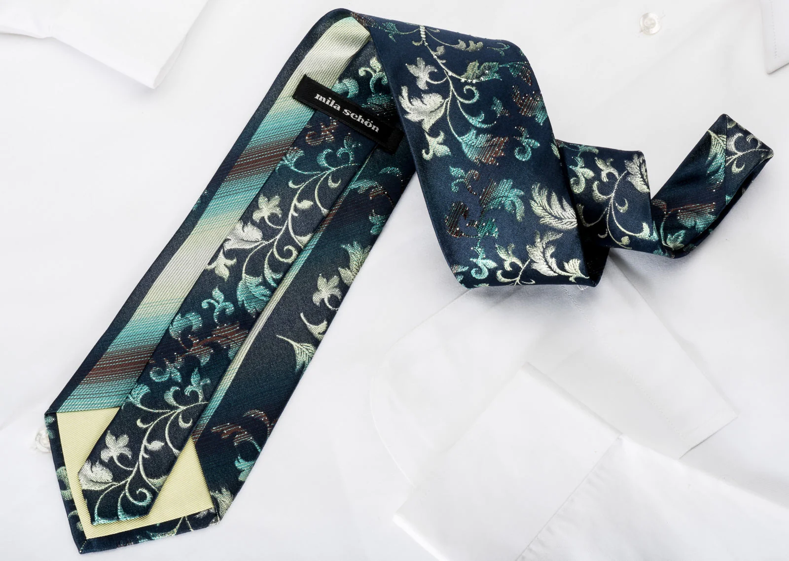 Mila Schon Rhinestone Necktie Teal Yellow Vines On Navy With Silver Sparkles - Image 5