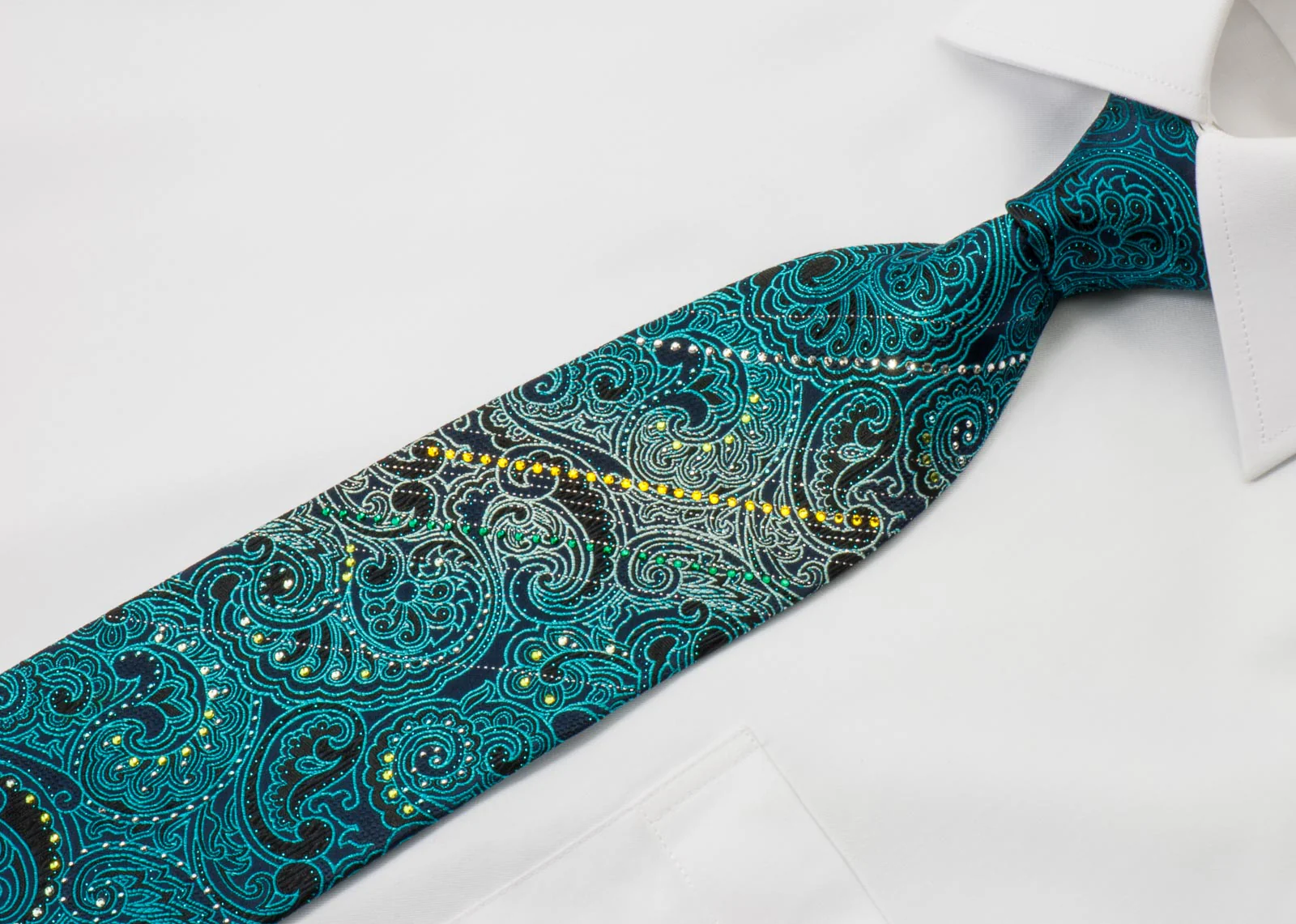 Mila Schon Rhinestone Necktie Turquoise Paisley On Black With Silver Sparkles - Image 2