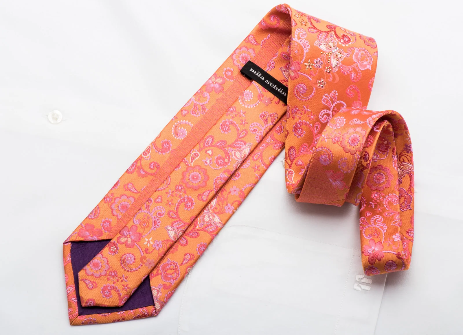 Mila Schon Rhinestone Rhinestone Tie Butterfly Floral On Peach Orange Silk With Sparkles - Image 5