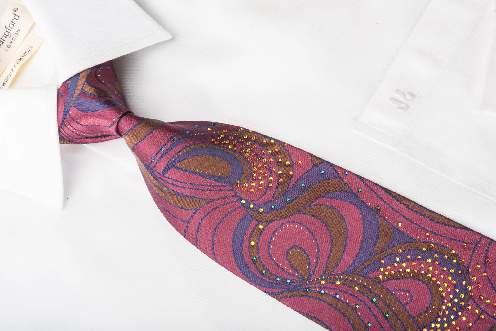 Mila Schon Rhinestone Silk Necktie Abstract Paisley On Purple With Golden Sparkles - Image 2