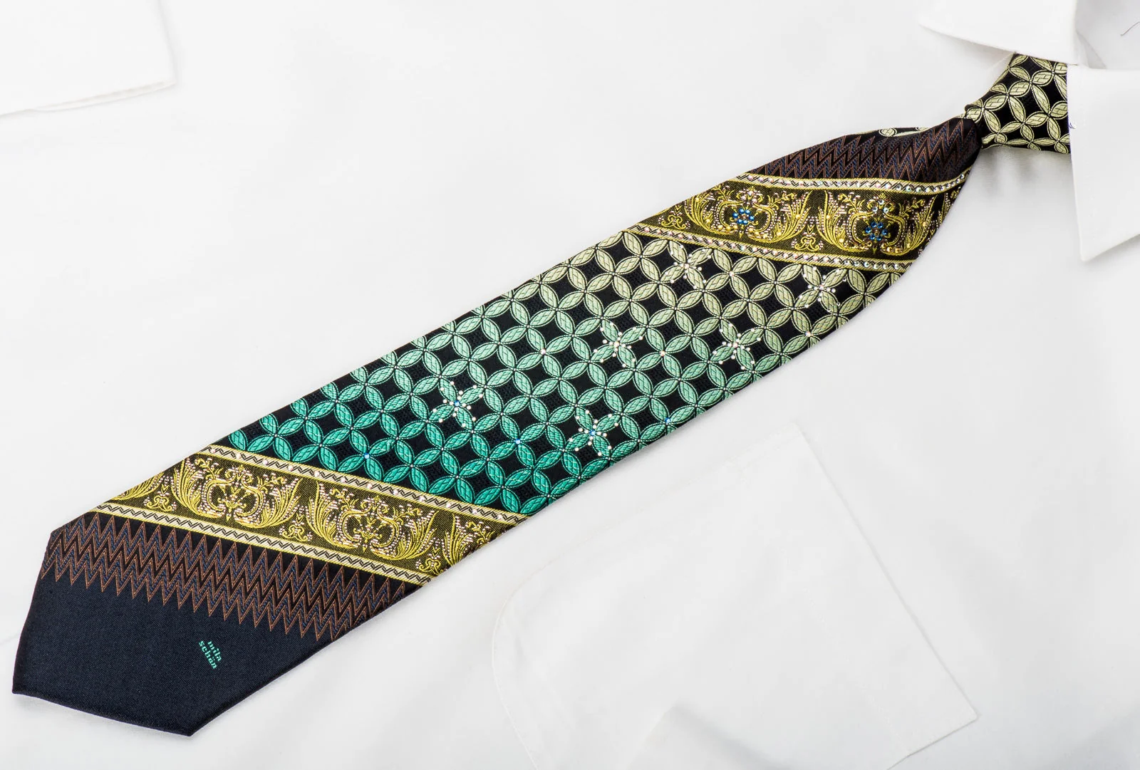 Mila Schon Rhinestone Silk Necktie Cartouche On Black With Sparkles - Image 4